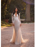 Long Sleeves Glitter Lace Tulle V Back Luxurious Wedding Dress